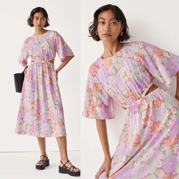 & OTHER STORIES Cut-Out Waist Pink Floral Flutter Midi Dress size 2 - Picture 1 of 8